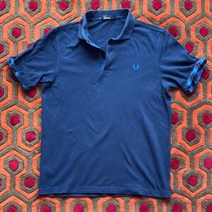 MAKE OFFER! Fred Perry Dark Blue Polo Shirt with Tartan Checkered Accents Med.